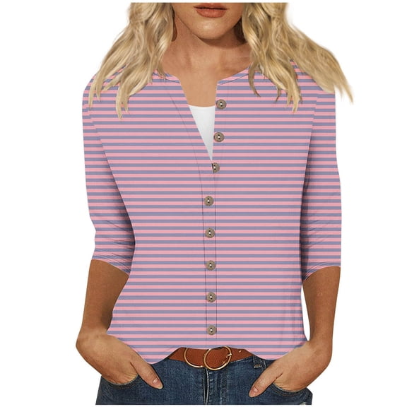 Nmnitkp Cartigan Light and Comfortable Womens Round Neck 3/4 Sleeve Tops Button Stria T-Shirts Solid Loose Cute Tunic Tee Blouses