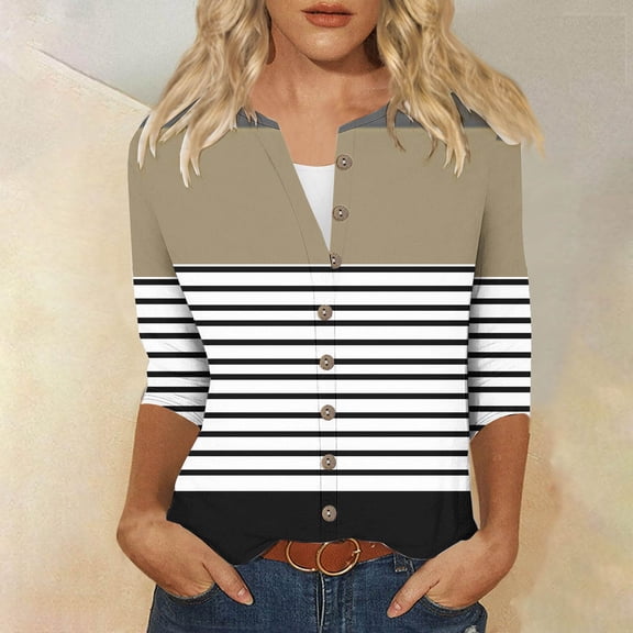 Nmnitkp Cartigan Light and Comfortable Womens Round Neck 3/4 Sleeve Tops Button Stria T-Shirts Solid Loose Cute Tunic Tee Blouses