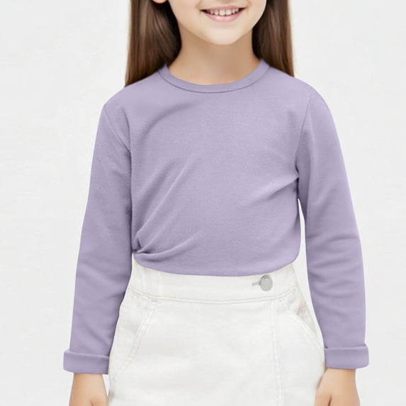 Nmnitkp Children's Solid Color Cotton Round Neck Warm Long Sleeved Top Mid Size Children's Casual And Comfortable Pullover Base Shirt Purple,12 Years