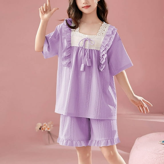 Nmnitkp Children's Summer Solid Color Thin Home Clothing With Ruffle Short Sleeve Round-Neck Blouses Set Light Blue,14-15Years