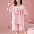 thumbnail image 1 of Nmnitkp Children's Summer Solid Color Thin Home Clothing With Ruffle Short Sleeve Round-Neck Blouses Set Pink,12--13Years, 1 of 6