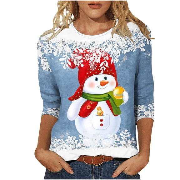 Nmnitkp Christmas Shirts for Women Soft and Comfortable Blouses for Women Dressy Casual Crew Neck 3/4 Length Sleeve Tops Summer Shirts Relaxed Fit Tee & Womens Tops(Plus Size)