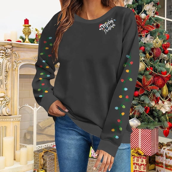 Nmnitkp Christmas Sweatshirt Women's Round Neck Merry Christmas Printed Long Sleeved Top Sweatshirts Dark Gray XL