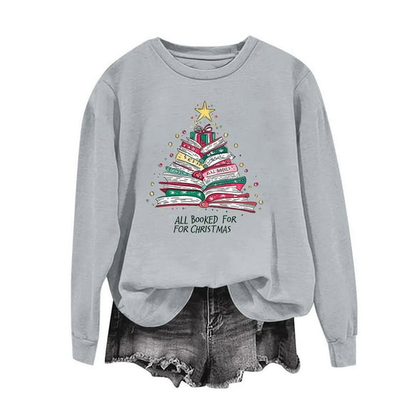 Nmnitkp Christmas Sweatshirt for Women Crewneck Christmas Tree Long Sleeve Shirt Xmas Holiday Party Pullover Tops Gray,S