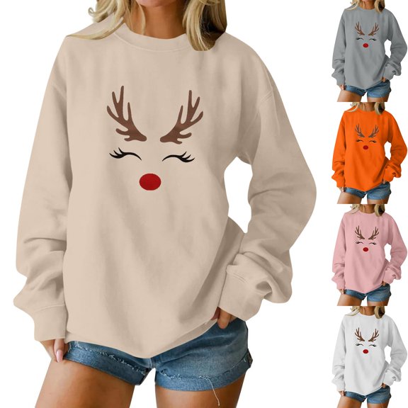 Nmnitkp Christmas Sweatshirts for Women Round Neck Fashionable Printed Sweatshirt Long Sleeved Top Sweatshirt Beige #01 L