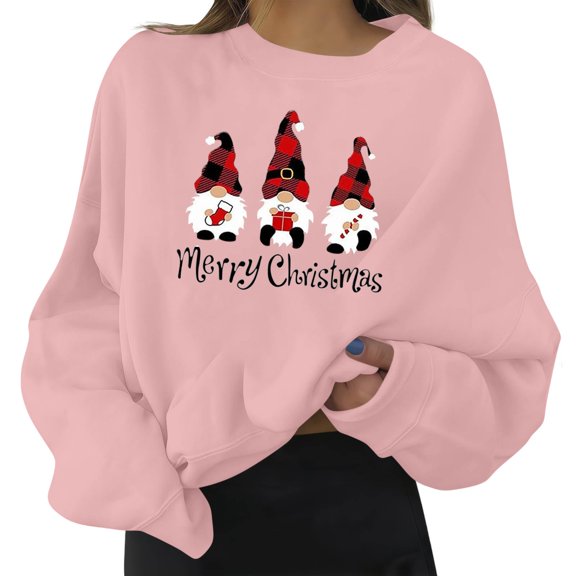 Nmnitkp Christmas Sweatshirts for Women Round Neck Fashionable Printed Sweatshirt Long Sleeved Top Sweatshirt Pink M