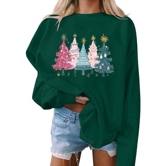 Nmnitkp Christmas Tree Sweatshirt for Women Tops For Christmas Long Sleeve Shirt Librarian Christmas Holiday Tops Green,XS