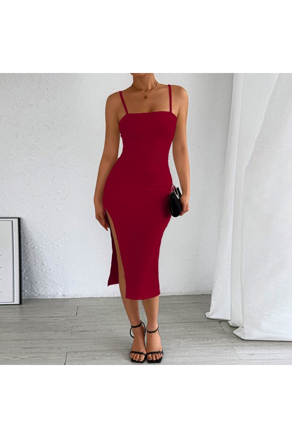 Cocktail Dresses for Women Sleeveless Square Neck Ruched Bodycon Midi Dress, Backless Spaghetti Strap Side Split Party Dress for Cocktail, Date Night & Club Wine,S