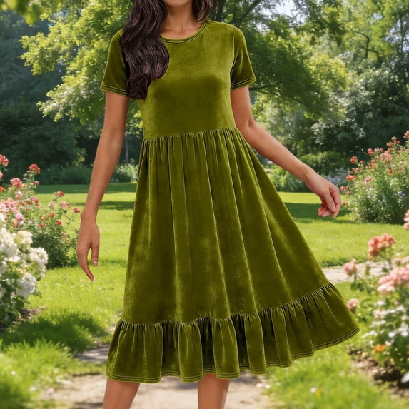 Nmnitkp Cocktail Dresses for Women Velvet Midi Dress, Loose Fit Crew Neck Short Sleeve Ruffled Hem Solid Color Dress for Holiday Party & Casual Daily Wear Dresses Green,S
