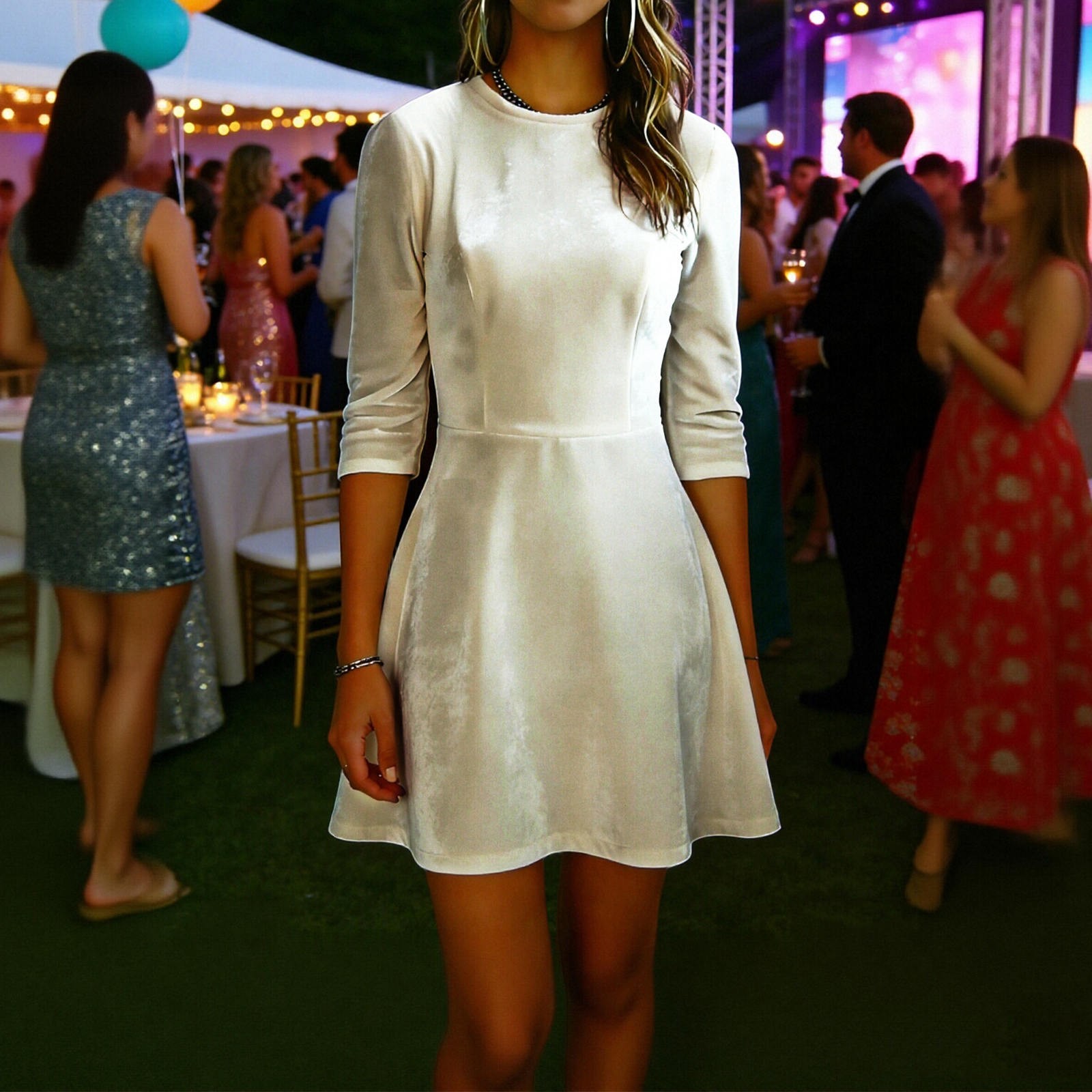 white holiday cocktail dress Nmnitkp Dresses for Women Velvet Mini Dress, 3/4 Sleeve Crew Neck Lace Back Fit & Flare Party for Wedding Guest & Event White,L 27/09