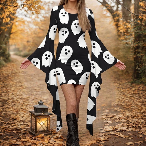 Nmnitkp Cocktail Dresses for Women New Style Dress Fashion Printed Long Sleeve Round Neck Pullover Patchwork Dress Black,L