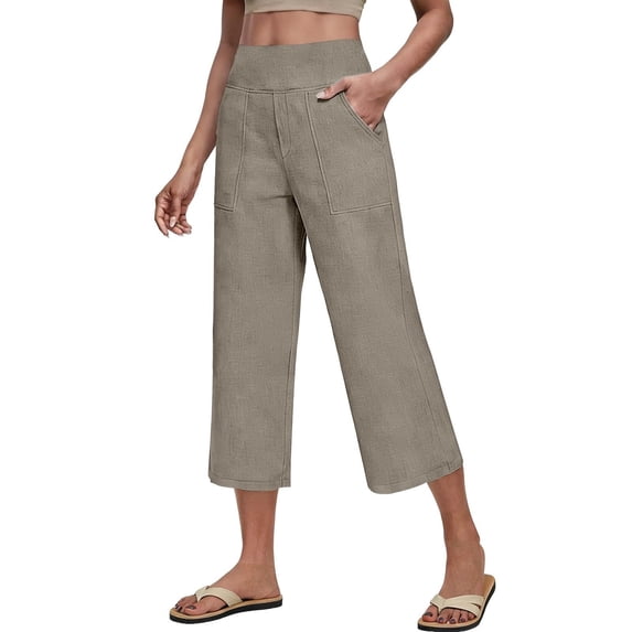 Nmnitkp Cotton Linen Capri Pants for Women High Waisted Relaxed Fit Elastic Capri Leggings Casua High Waist Tummy Control Cropped Lounge Trousers with Pockets