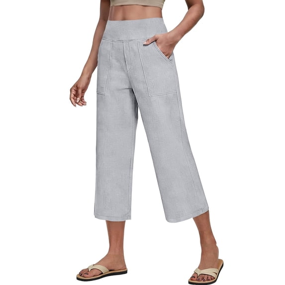 Nmnitkp Cotton Linen Capri Pants for Women High Waisted Relaxed Fit Elastic Capri Leggings Casua High Waist Tummy Control Cropped Lounge Trousers with Pockets