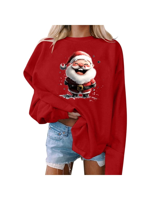 Crewneck Fall Sweatshirts for Women Trendy Women's Plain Long Sleeve Pullover Tops Red,S