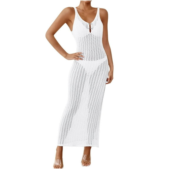 Nmnitkp Crochet Cover Up for Women Knit Swimsuit Coverups Hollow Out Sleeveless Swim Coverup Summer Beach Dress
