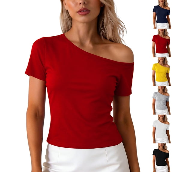Nmnitkp Cropped Short Sleeve T-Shirts Women One Shoulder Asymmetrical Neck Short Sleeve T-Shirt, Solid Color Casual Summer Tops for Daily & Party Wear Wine,M