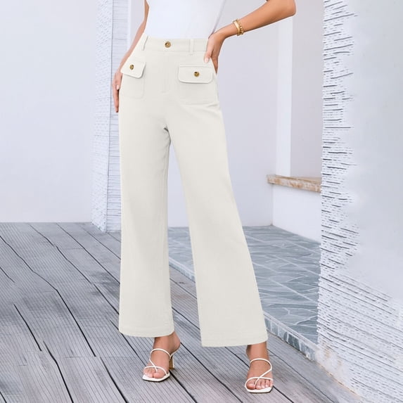Nmnitkp Dress Pants Women Business Straight Leg Dress Pants Elastic Waist Zipper Closure Work Trousers with Pockets White,2XL