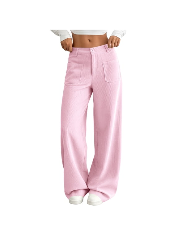Dress Pants Women High Waisted Corduroy Wide Leg Pants, Straight Leg Casual Trousers with Patch Pockets, Trendy Y2K Loose Fit Solid Color Pants for Fall Winter Daily & Office Wear Pink,S