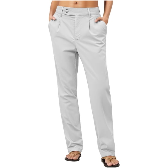 Nmnitkp Dress Pants Women High Waisted Straight Leg Pants Stretchy Business Casual Pants Button Down Work Trousers with Pockets White,M