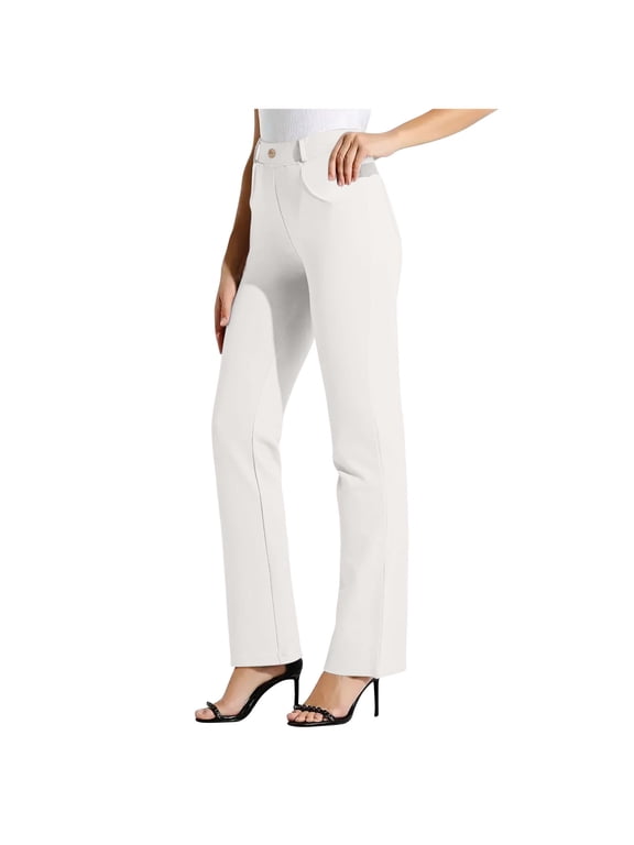 Dress Pants Women Stretchy Business Casual Work Pants Straight Leg Slacks for Office White,S