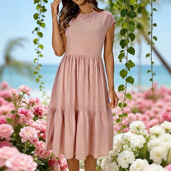 Nmnitkp Dresses for Women Linen Blend Tiered Midi Dress, Crew Neck Cap Sleeve Loose Fit Casual Summer Dress for Beach Vacation & Brunch Womens Dresses Pink,M