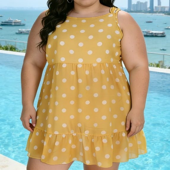 Nmnitkp Dresses for Women Plus Size Polka Dot Chiffon Mini Dress, Sleeveless Crew Neck Ruffled Hem Flowy Beach Cover Up for Pool Party & Vacation Dresses Yellow,XL