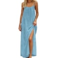 thumbnail image 1 of Nmnitkp Dresses for Women Sleeveless Spaghetti Strap Backless Solid Color Maxi Dress, Casual Loose Fit Summer Beach Vacation Loungewear with Side Split & Tie Back Women's Dresses Light Blue,S, 1 of 7