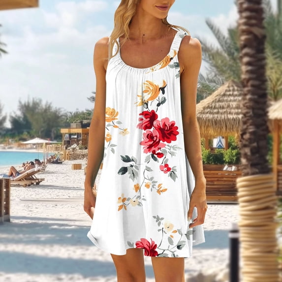 Nmnitkp Dresses for Women Sleeveless Spaghetti Strap Tropical Print Loose Mini Dress, Summer Casual Beach Vacation Dress with Ruched Bust & Flowy Hem Boho Dresses White,M