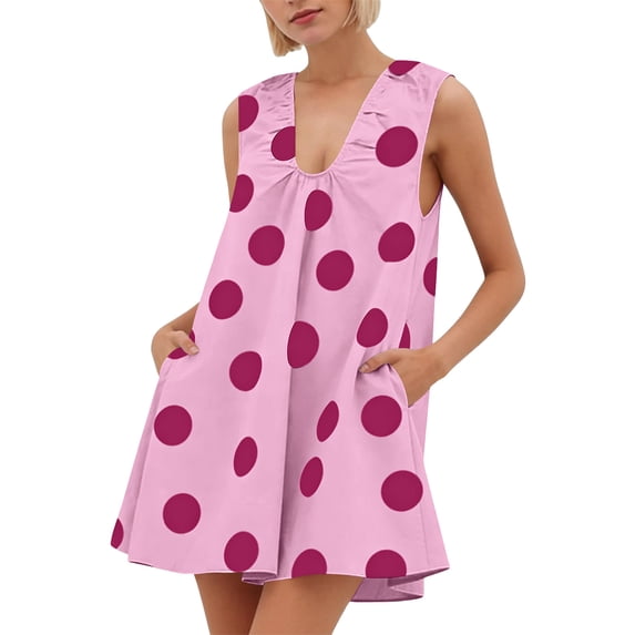 Nmnitkp Dresses for Women Sleeveless V Neck Ruched Polka Dot Mini Dress, Casual Loose Fit A-Line Summer Dress with Side Pockets for Beach, Vacation & Daily Wear Pink,XL