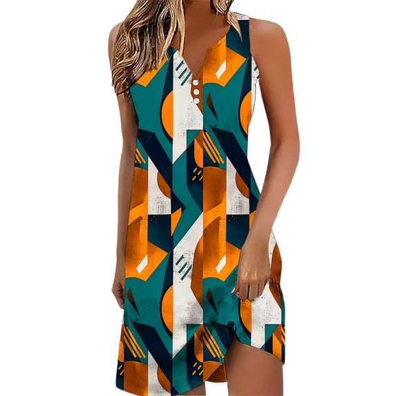 Nmnitkp Dresses for Women Sleeveless V Neck Tropical Palm Print Loose Mini Dress, Summer Casual Beach Vacation Shift Dress with Button Detail & Irregular Hem Multicolor,L