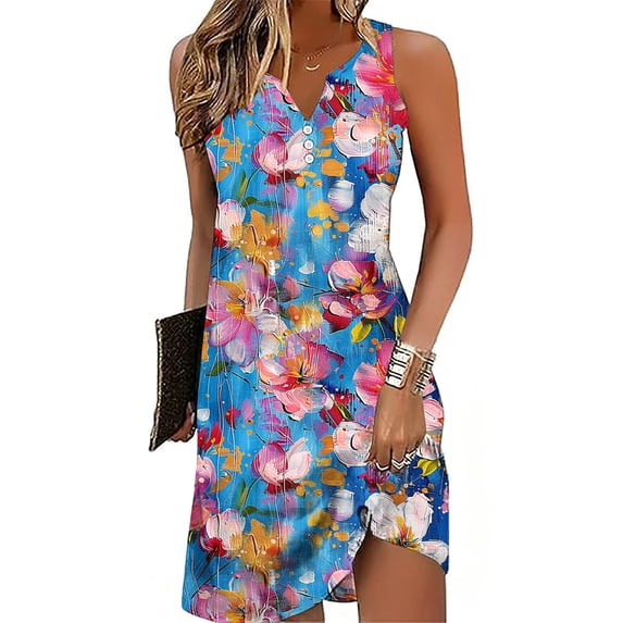 Nmnitkp Dresses for Women Sleeveless V Neck Tropical Palm Print Loose Mini Dress, Summer Casual Beach Vacation Shift Dress with Button Detail & Irregular Hem Multicolor,L