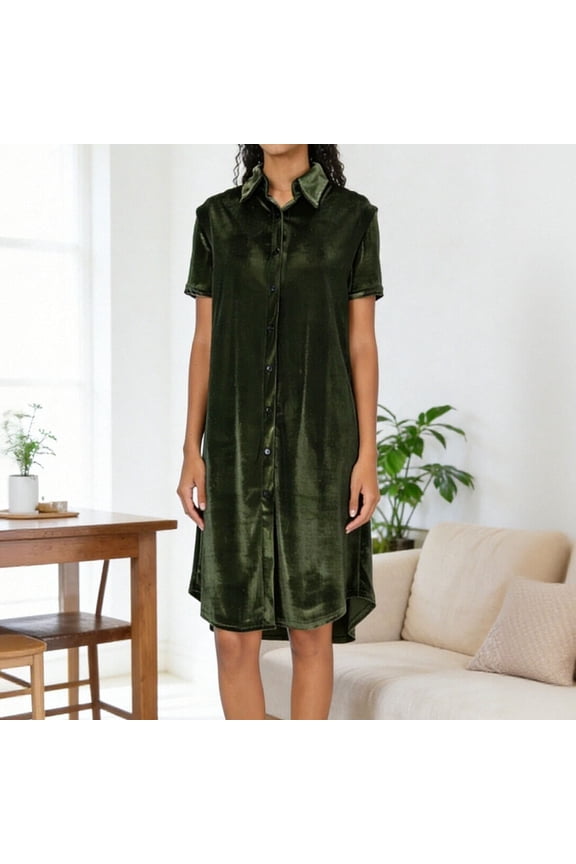 Dresses for Womens Velvet Shirt Dress, Short Sleeve Button Front Collared Shift Dress for Holiday Party & Casual Wear Womens Dresses Army Green,M