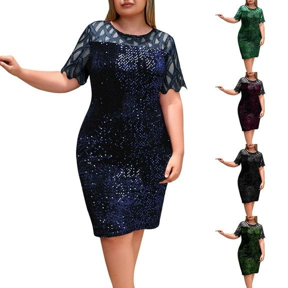 Nmnitkp Dresses for Women Beautiful Sequin Dress Plus Size V Neck Party Cocktail Dresses Black,L