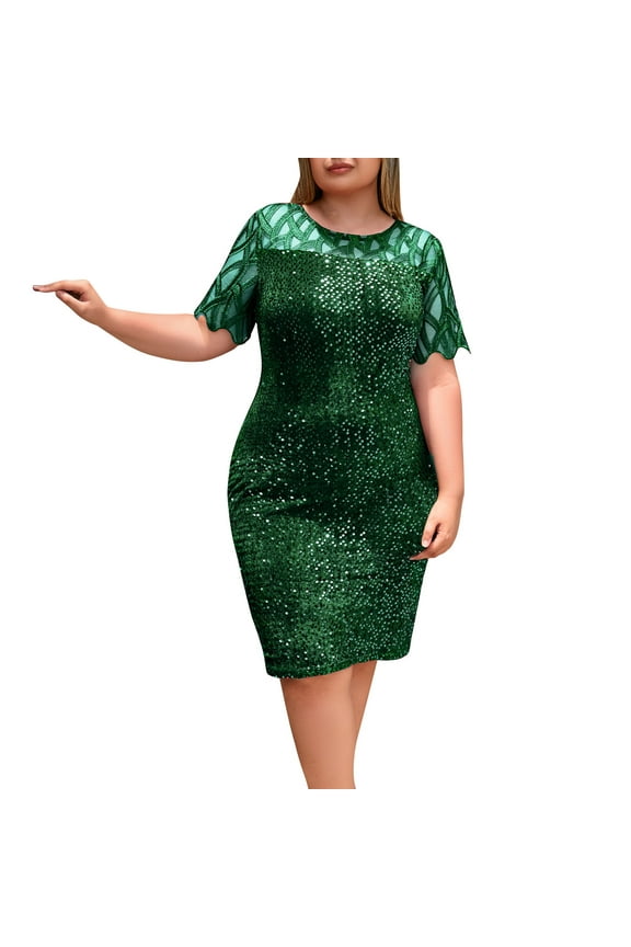 Dresses for Women Beautiful Sequin Dress Plus Size V Neck Party Cocktail Dresses Green,2XL