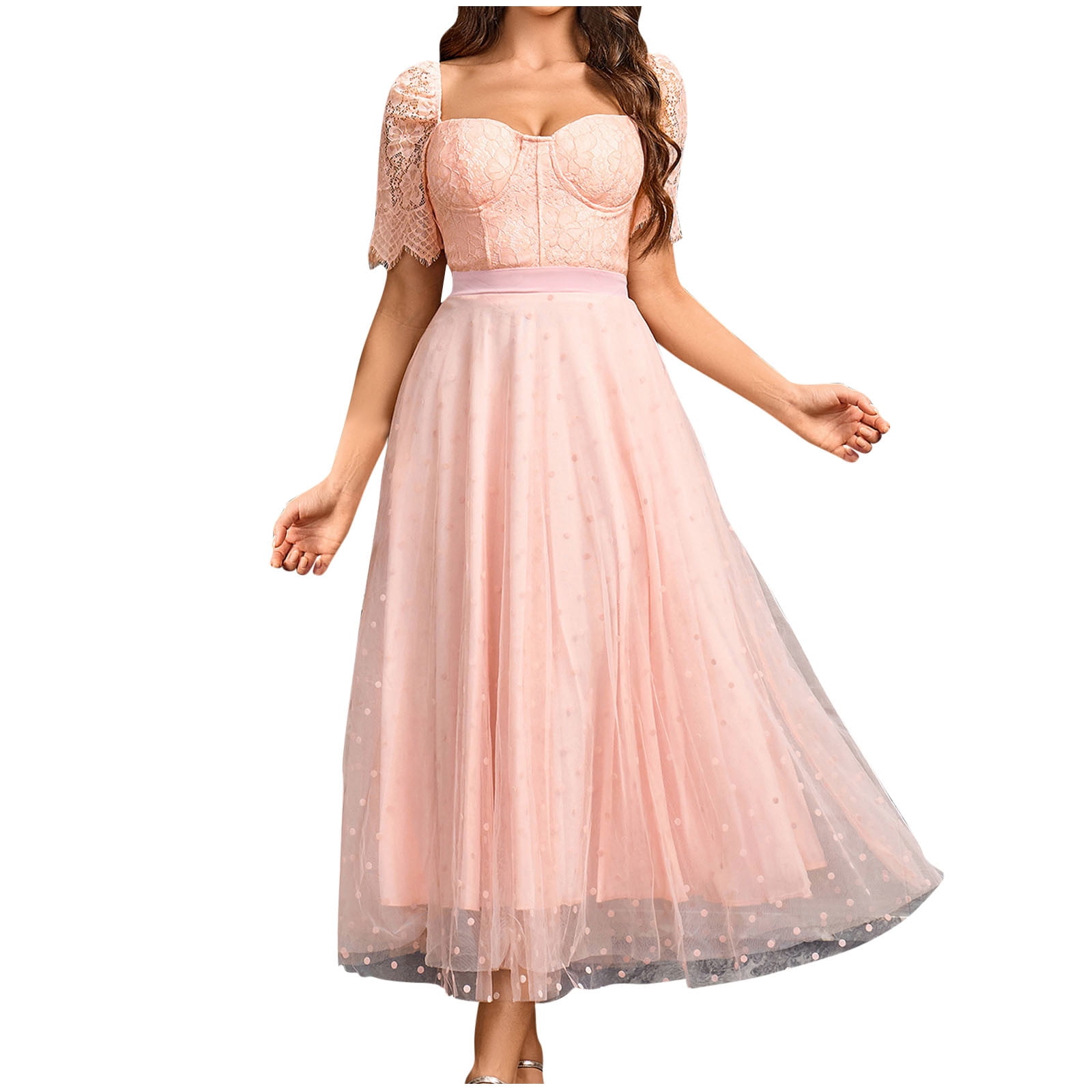 Nmnitkp Dresses for Women Beautiful and Bright Women's Round Neck Ruffles  Sleeves Pleated Loose Lace High Low Plus Size Formal Wedding Guest Dresses  - Walmart.com