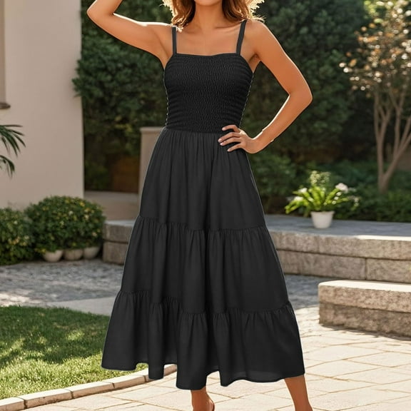 Nmnitkp Dresses for Women Boho Womens Summer Dresses Round Neck Sleeveless Suspender Solid Color Dress Sleeveless Fashionable Printed Dress Black,M