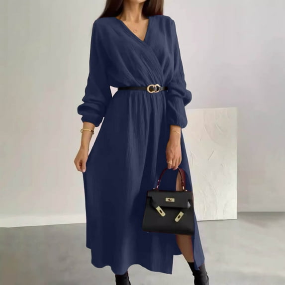 Nmnitkp Dresses for Women Casual Long Sleeve Cinched Dress V Neck Elastic Waist A-Line Tiered Flowy Elegant Dresses Blue,XL