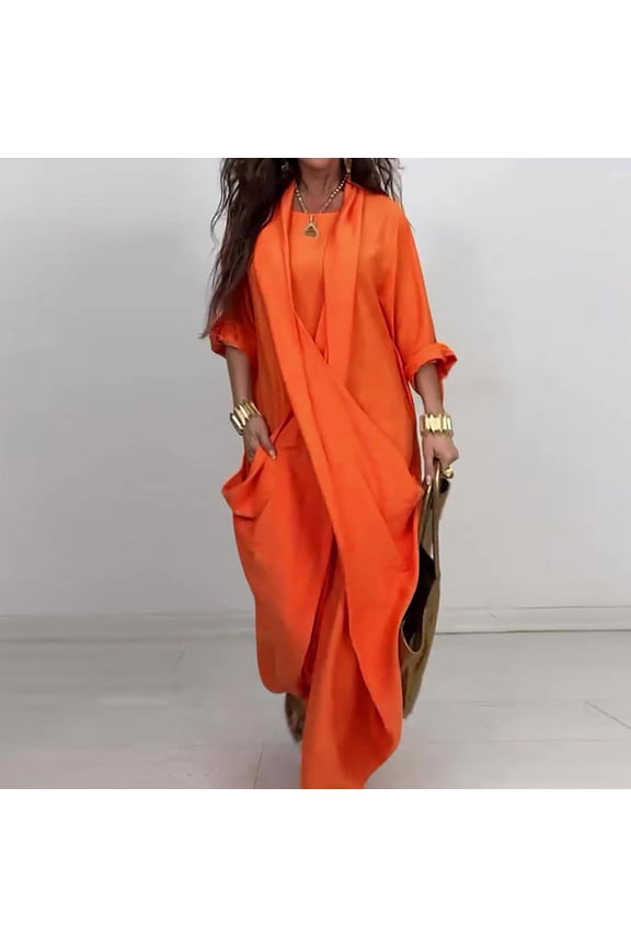 Dresses for Women Casual Long Sleeve Side Slit Pullover Maxi Hoodie Dress Slim Sweatshirt Long Dresses with Pockets Orange,S