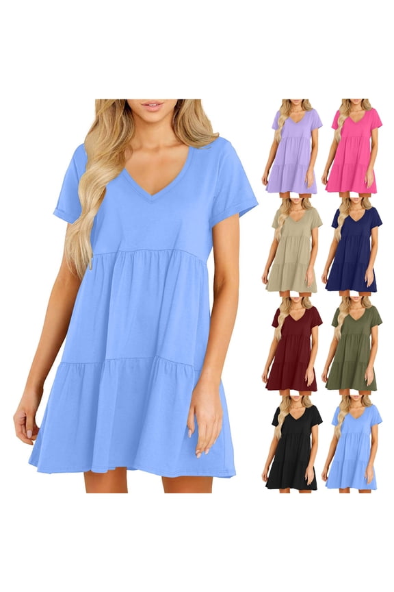 Dresses for Women Fashionable and Beautiful Womens Summer Dresses Short Sleeve V-Neck Tshirt Dress Flowy Babydoll Dress Light Blue,L