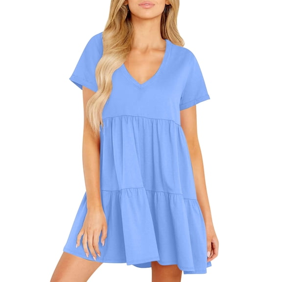 Nmnitkp Dresses for Women Fashionable and Beautiful Womens Summer Dresses Short Sleeve V-Neck Tshirt Dress Flowy Babydoll Dress Light Blue,M