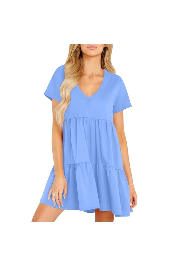 Dresses for Women Fashionable and Beautiful Womens Summer Dresses Short Sleeve V-Neck Tshirt Dress Flowy Babydoll Dress Light Blue,XL
