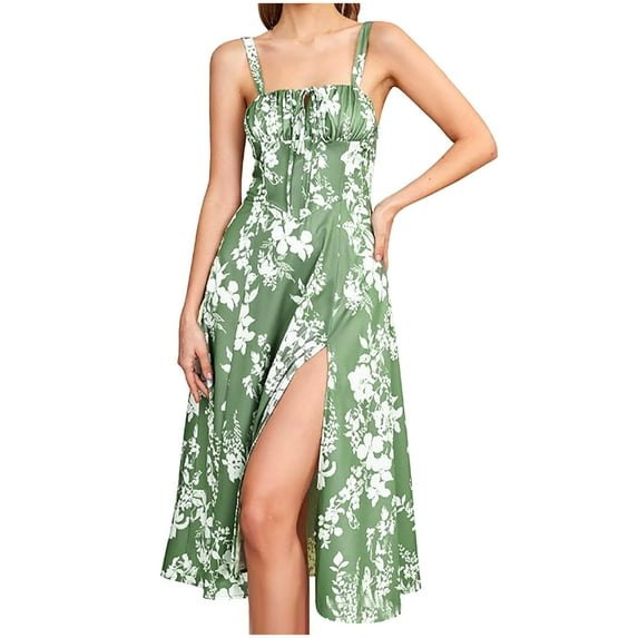 Nmnitkp Dresses for Women Floral Corset Dress, Boho Summer Spaghetti Straps Square Neck Casual Midi Dress Flowy Slit Bustier Dresses Green,XL