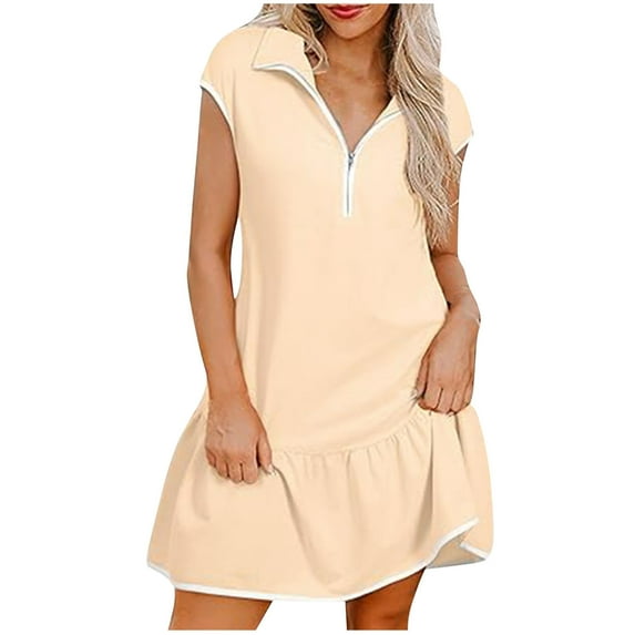 Nmnitkp Dresses for Women High-End Products Women Dresses Casual Spring Summer Colorblock Cap Sleeve Half Zip Patchwork Mini Dress with Pockets