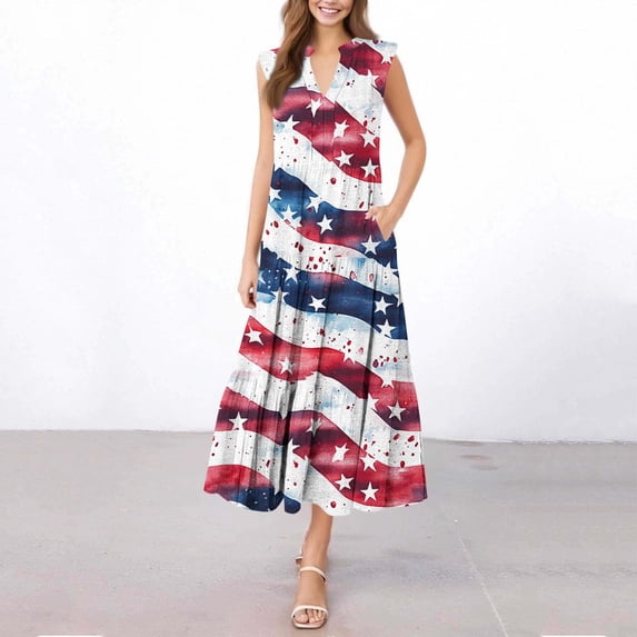 Nmnitkp Dresses for Women Independence Day print Fashion Casual Printed V-Neck Pullover Sleeveless Pleated Irregular Dress Blue,L
