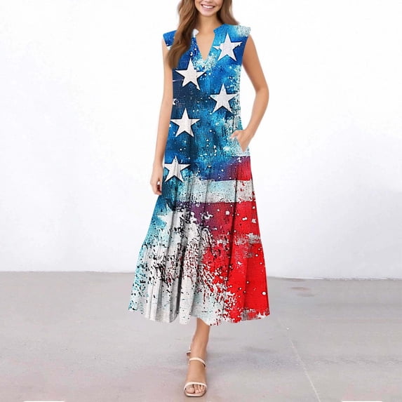 Nmnitkp Dresses for Women Independence Day print Fashion Women's Casual Printed V-Neck Pullover Sleeveless Pleated Irregular Dress Blue,S