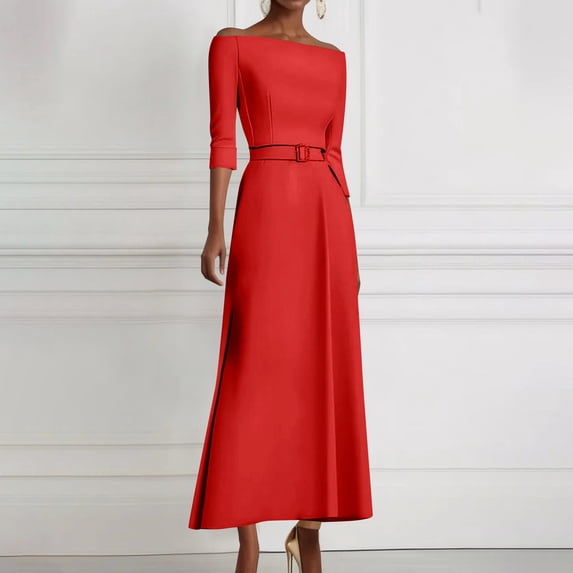 Nmnitkp Dresses for Women New Style Fashion Women Solid 3/4 Sleeve Belt Bandage One Shoulder Dresses Red,S