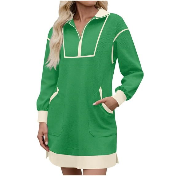 Nmnitkp Dresses for Women Sports Shirt Skirt With Half Zipper V-neck Long Sleeved Contrasting Color Casual Dress Green,M