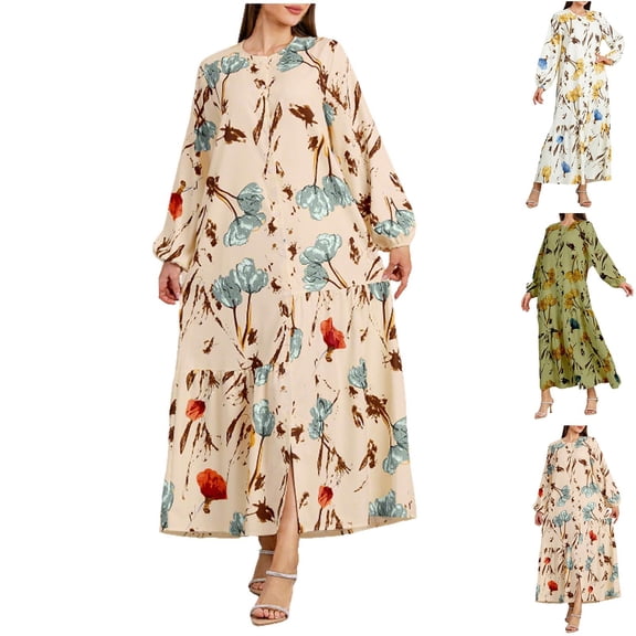 Nmnitkp Fall Dresses for Women 2025 Floral Midi Dress Boho Long Sleeve V Neck Ruffle Casual A Line Flowy Dresses with Pocket Pink,L