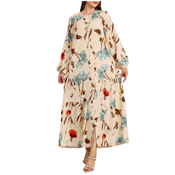 Nmnitkp Fall Dresses for Women 2025 Floral Midi Dress Boho Long Sleeve V Neck Ruffle Casual A Line Flowy Dresses with Pocket Pink,S