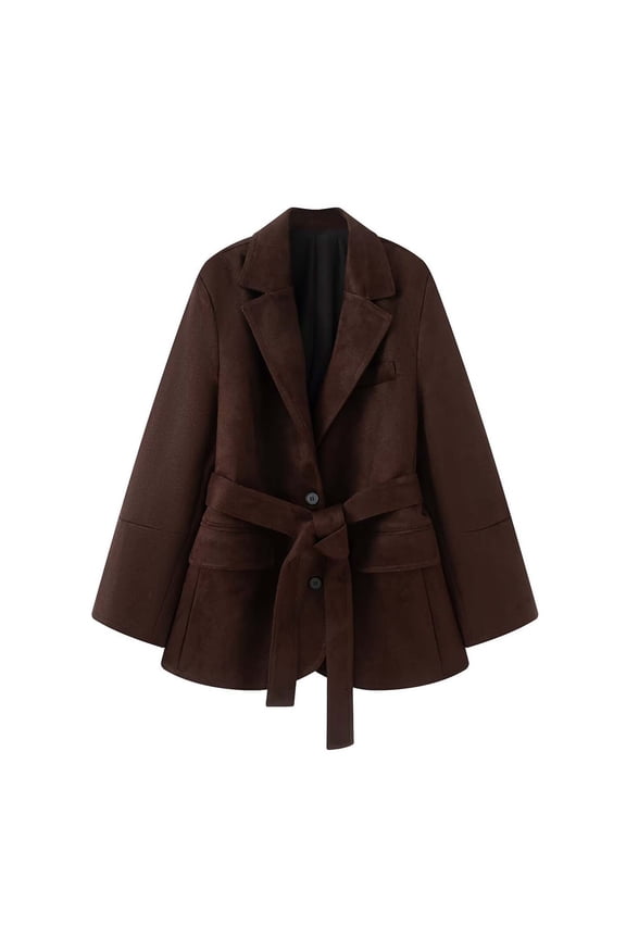 Fall Jackets Fashionable Women's Solid Color Long Sleeved Lapel Button Pocket Strap Waist Cinching Casual Jacket Brown,S